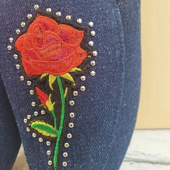 YOKI Willas 71 DARK DENIM Low Heal Slip On Embroidery Rose Beauty Beast Shoes - Picture 6 of 14